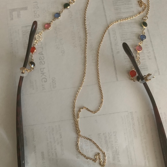 Eye glass or face mask chain multi crystals, goldtone grippers nice gift 32” - Picture 2 of 4